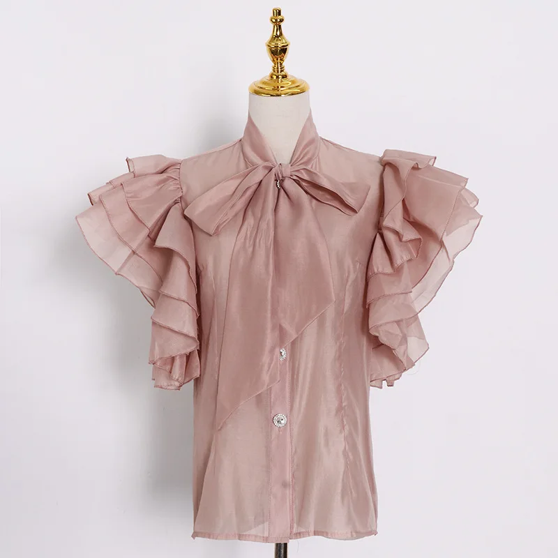 

Chic Drawstring Bow Ruffles Patchwork Shirts 2021 Spring Summer New Elegant Women Blouse Fashion Tide All-match Femme Blusas