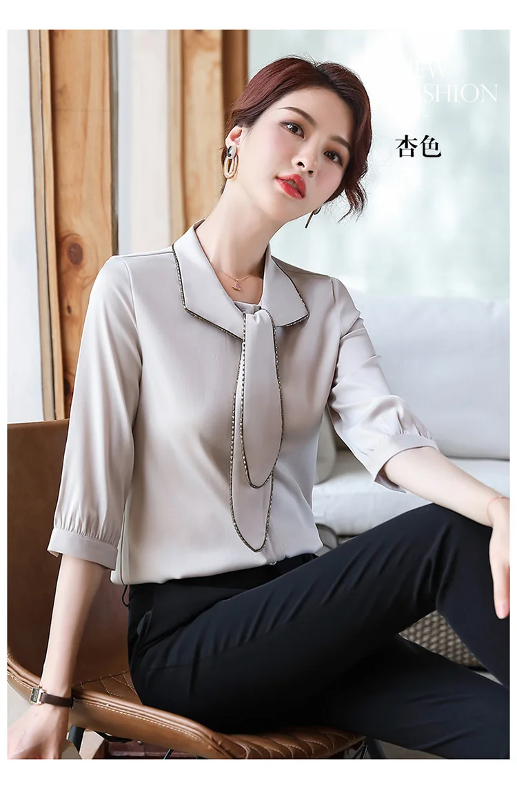 

Fashion Women's Yellow Satin Shirts Femme Spring 3/4 Sleeve Bow Tie Satin Blouses Femme Bow Tie Tops