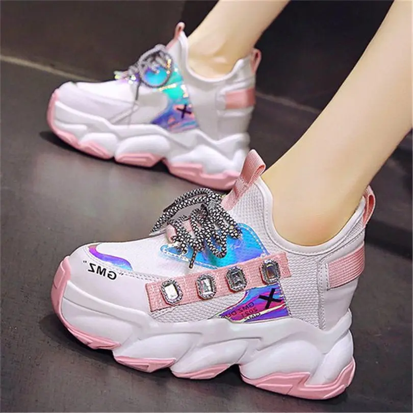 

Fashion Sneakers Women's Rhinestones Platform Wedge Ankle Boots Increasing Height High Heels Casual 34 35 36 37 38 39