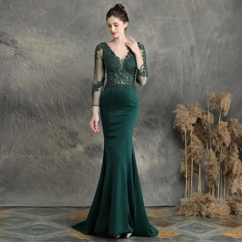 

Beauty-Emily Lace Appliques V Neck Hollow Evening Dresses Sexy Beads Long Mermaid Formal Party Dress Prom Gown 2020 Fashion Hot