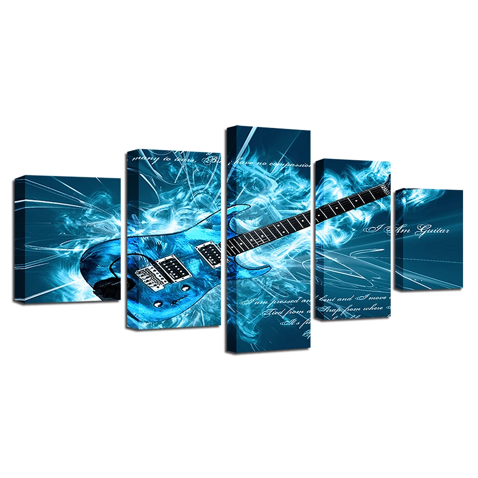 

Canvas HD Prints Pictures Wall Art For Living Room Home Decor 5 Pieces Blue Electric Guitar Painting Rock Music Poster Framework