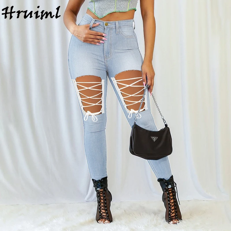 

Woman Jeans Spring Autumn 20201 High Waist Hollow Out Bandage Design Women's Pants Fashion Elegant Clothing Female Denim Pants