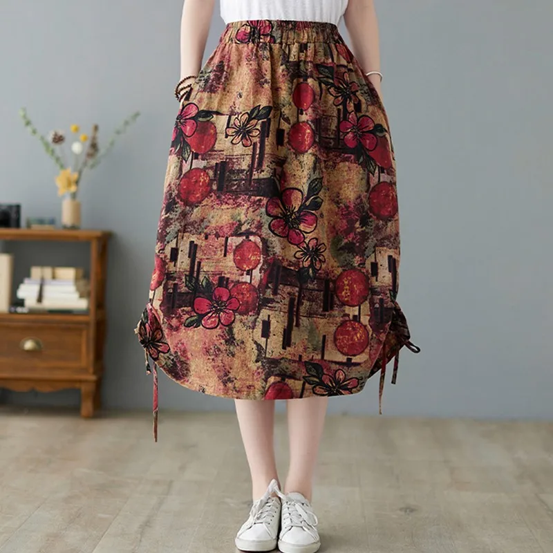 

Women Cotton Linen Casual Skirts New Arrival 2021 Summer Vintage Style Floral Print Elastic Waist Loose Female Long Skirts B291