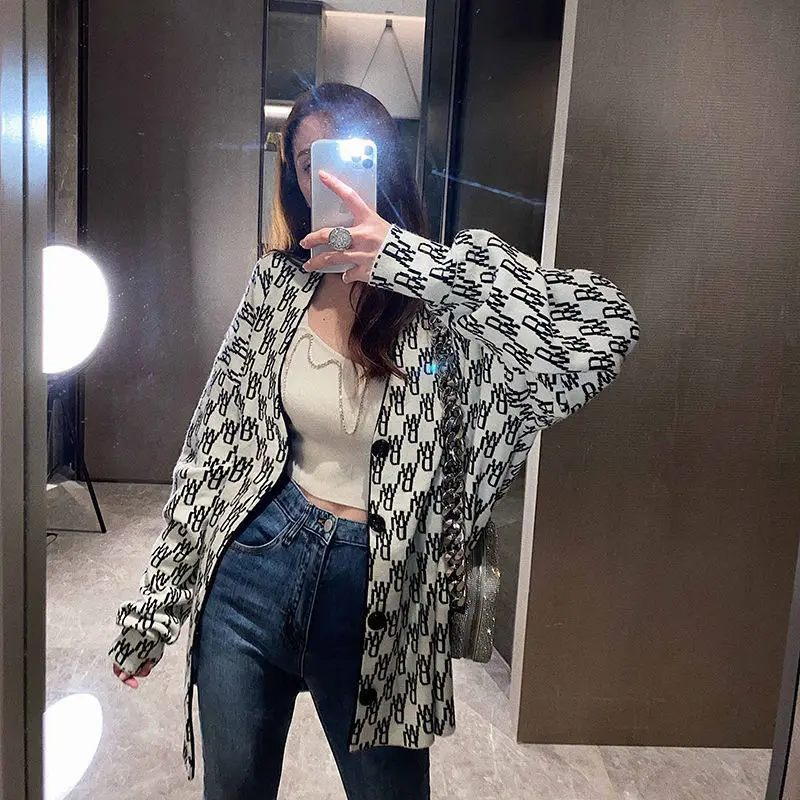 2021 Spring Autumn Women Cardigan Knitwear Coats Black White Elegant Sweater Knitting Jackets Double-Sided Chic Outerwear Female