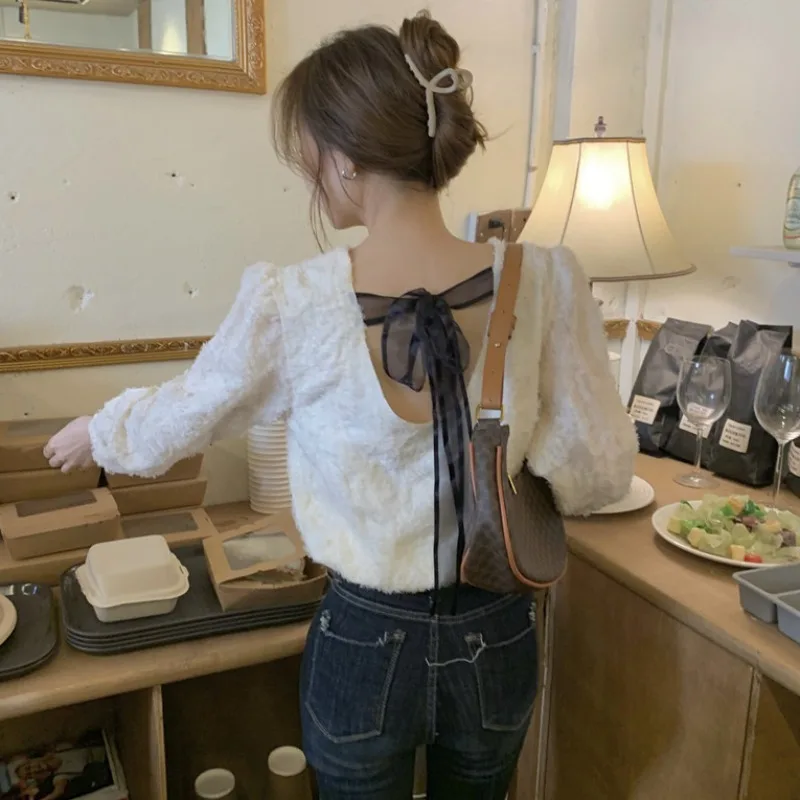 

Spring Style Bow Backless Shirts Women Blouses O-neck Fashion Brand Blusas Mujer De Moda Korean Clothes Loose Ladies Tops New