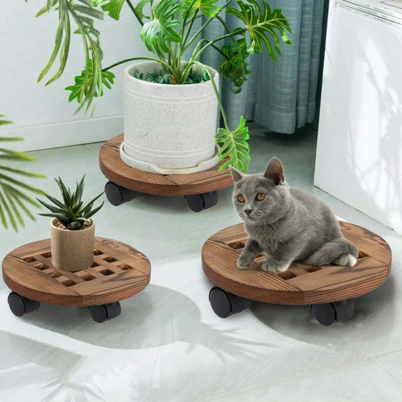

Wooden Round Planter Caddies 10",12",14" Universal Wheels Plant Stand Flower Pot Rack With Wheels Indoor Outdoor Decoration Hot