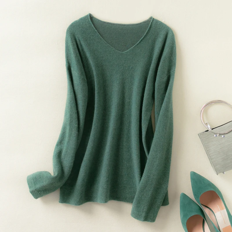 

Autumn and winter new ladies V-neck sweater solid color cashmere knit pullover Slim Korean version of all-match ladies sweater