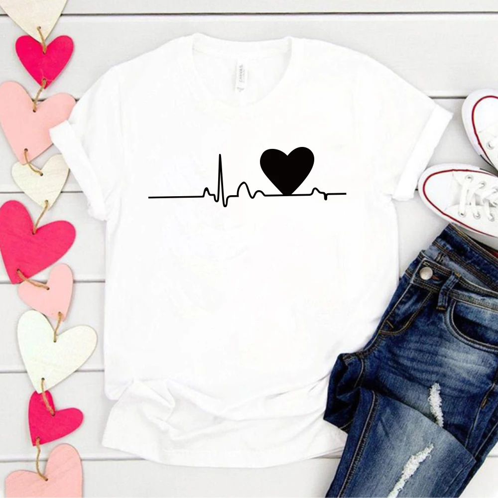

ECG Love Heart Printing Women T Shirt Short Sleeve Fashion Summer Couple Valentine's Tshirt For Ladies Tops Tee Girls Female