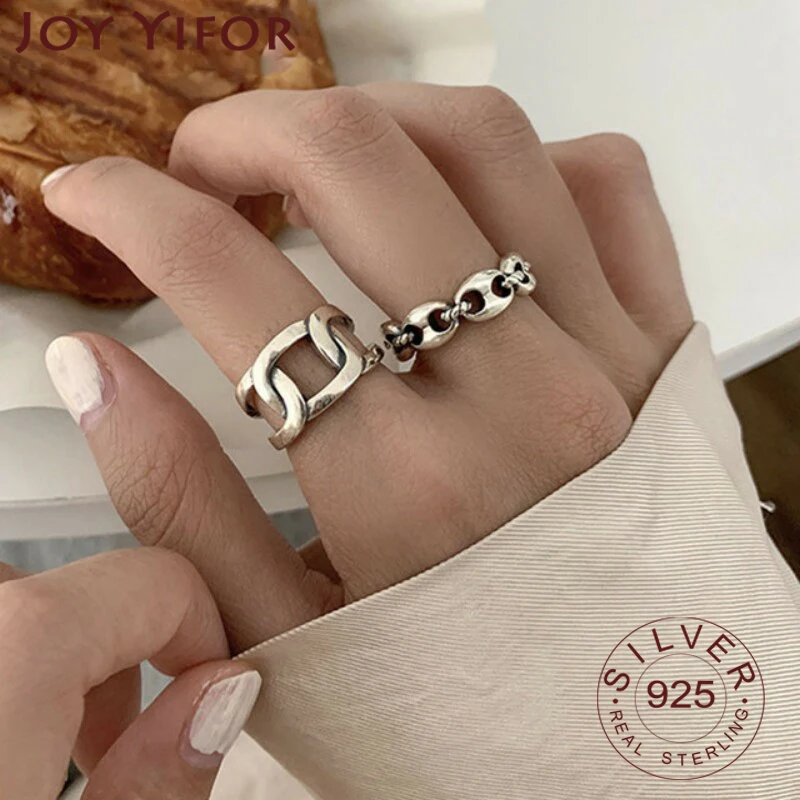 

Minimalist 925 Sterling Silver Finger Rings INS Fashion Creative Width Chain Geometric Vintage Punk Jewelry Gifts