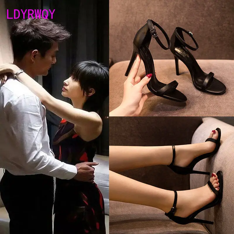 

Fashion apricot one-word buckle sandals 2021 new summer all-match high heels stiletto black women's shoes