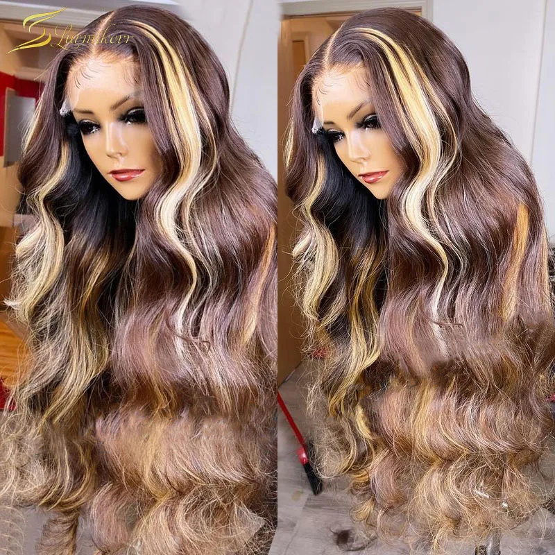

Ombre Brown Blonde Highlight 613 Lace Frontal Wig HD Transparent Body Wave Lace Front Wig Full 30 40 inch Human Hair Preplucked