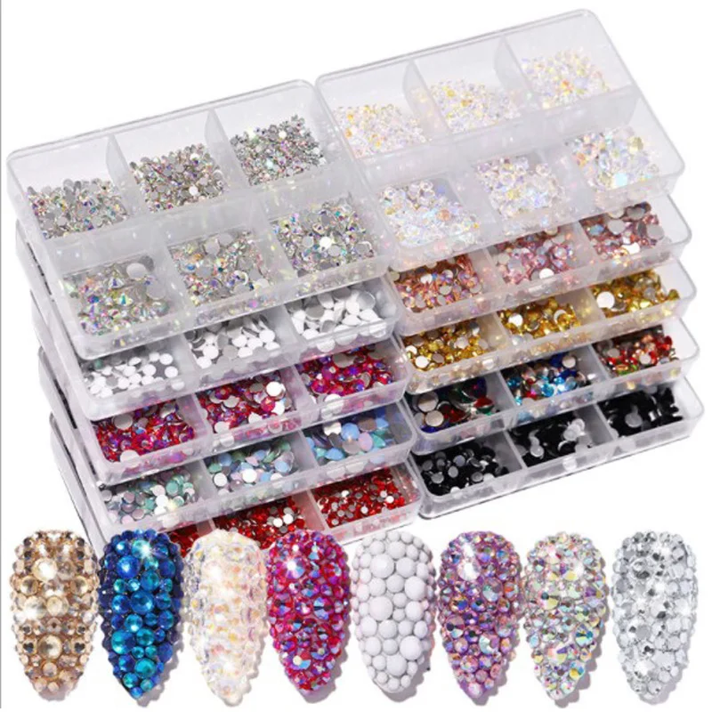 

Nail Art Rhinestones Crystal Flat Bottom Mixed Color Multi-Size AB Porcelain White Champagne 6 Grids 3D Nails Decoration