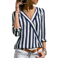 2021 new fashion chiffon blouses autumn long sleeve striped shirts for women big size xxxl elegant t shirt v neck office tops