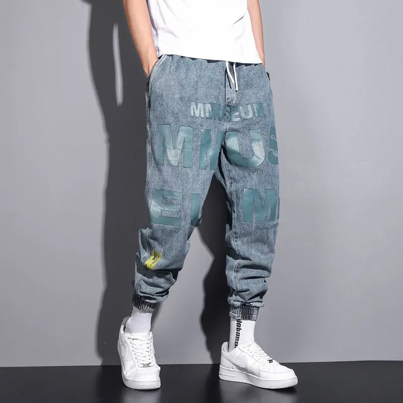 Mens Jeans Brand Letter Printed Ankle Banded Men's Cargo Pants Straight Loose Casual Streetwear Trousers Hip Hop Ripped Jeans