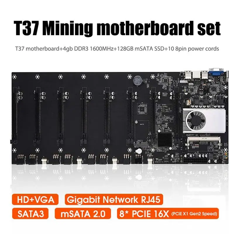 Preise BTC-T37 Riserless Bergbau Motherboard 8 CPU Bitcoin Crypto Etherum Bergbau 4GB DDR3 1600MHz RAM 1037U 128GB MSATA SSD Power Kabel