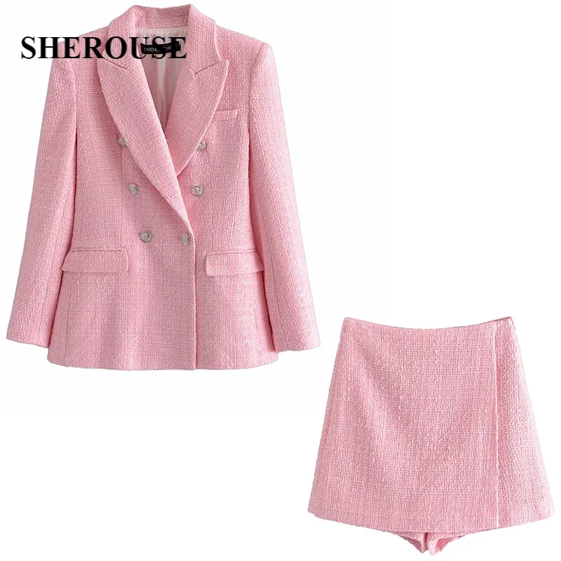 

Женский твидовый костюм из двух предметов, текстурированный Блейзер и шорты, Модный повседневный шикарный костюм, женский костюм, 2021