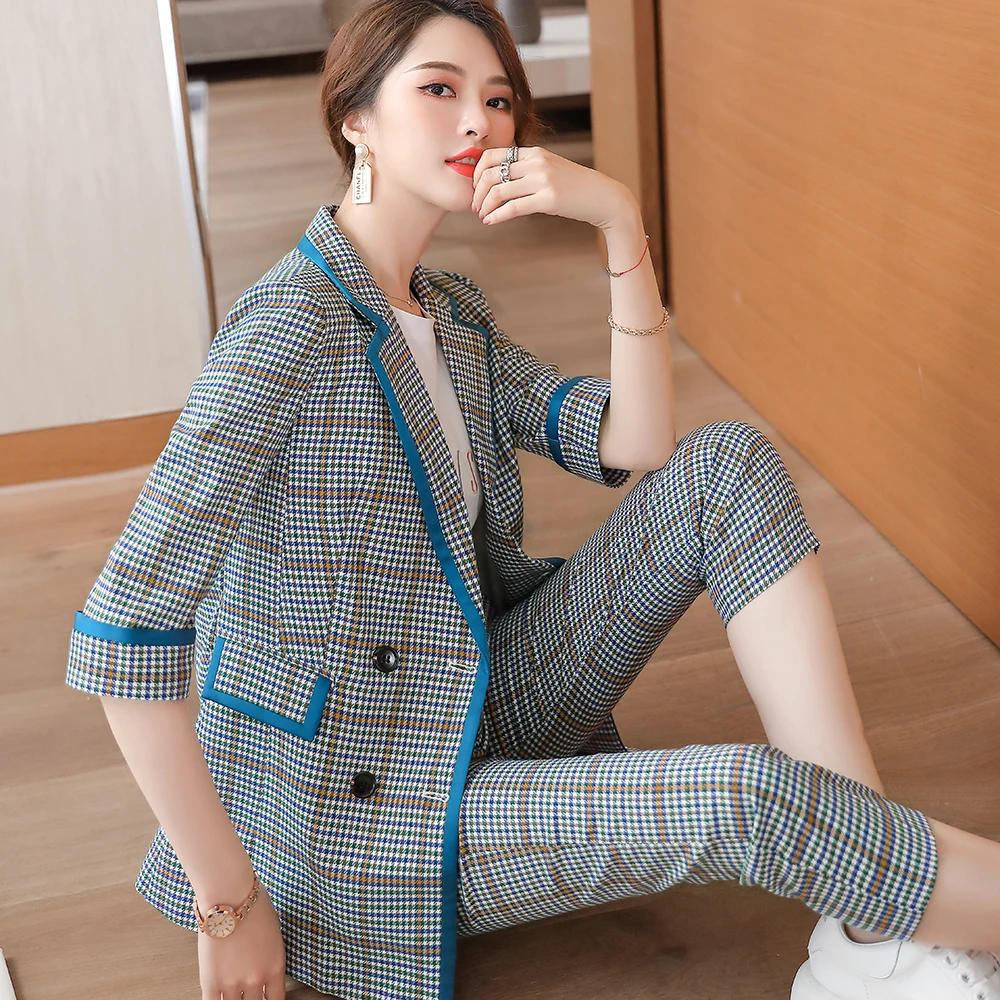 

2021 Spring Women's Pants Suit Double Breasted Blazer +Trouser Bussiness Plaid Jacket Office Lady 2 Pieces Set Plus Size S-5XL