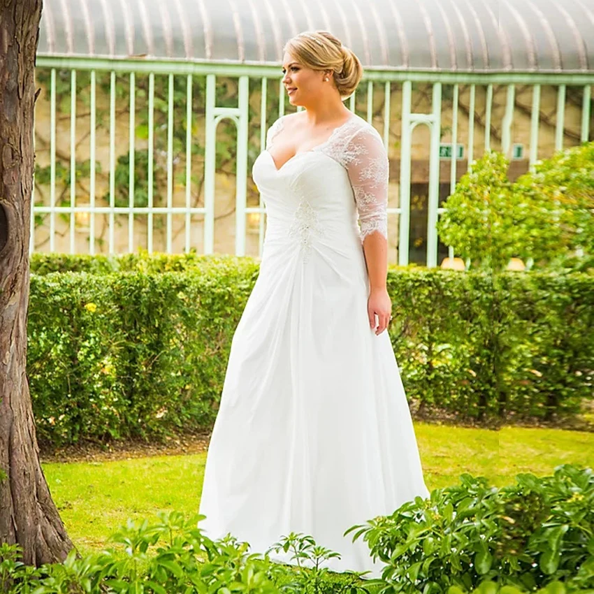 Cheap Summer Chiffon Wedding Dress Plus Size 3/4 Sleeves Applique A Line Backless Corset Bridal Wedding Gown Robe Mariee