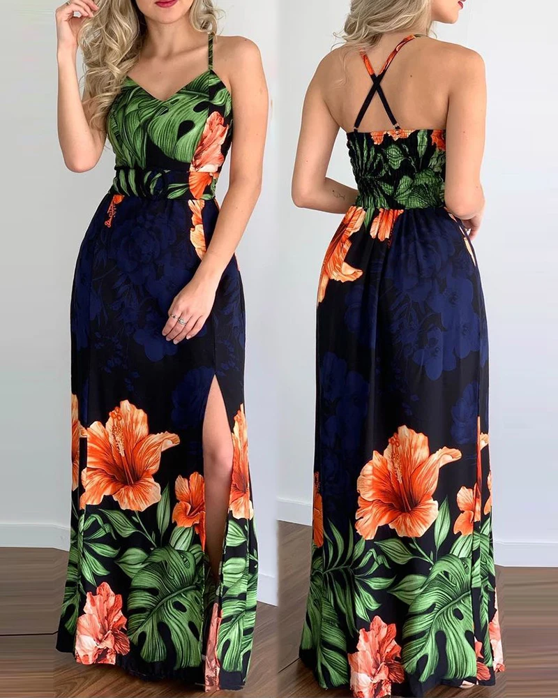 

Sexy backless women's dress elegant flower Printed Dress 2021 summer high seam Malaysian dress