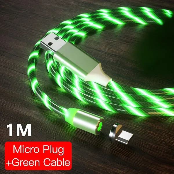 For Micro Green 1M ACCEZZ светодиодный магнитный кабель для быстрой зарядки, магнитный кабель Micro usb type C, Кабель зарядного устройства для iPhone X 7 samsung S10, шнур для Android - Цвет: For Micro Green 1M