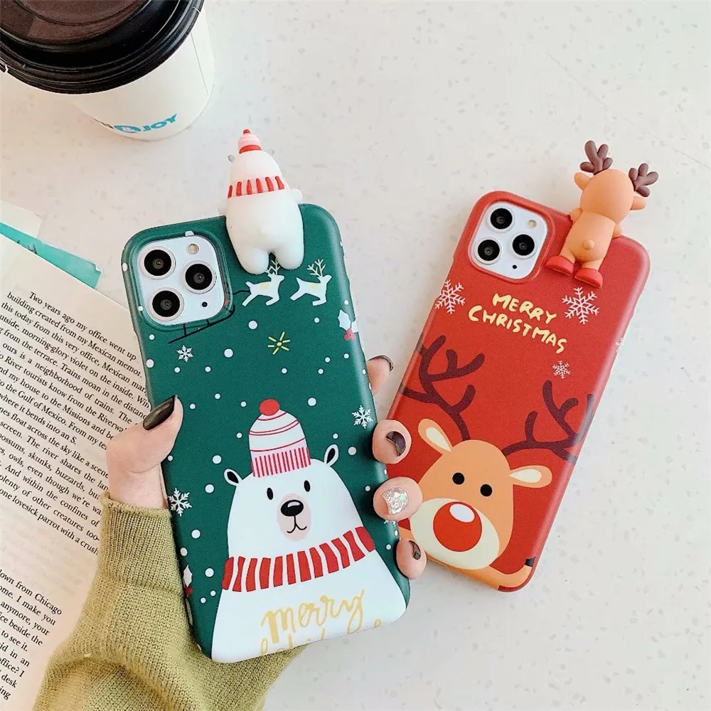 Lovely Cartoon 3D Christmas Deer Bear Case For iPhone 11 Pro XS Max XR 6 s 7 8 Plus X Silicon Back Cover Glossy Marble Gift | Мобильные