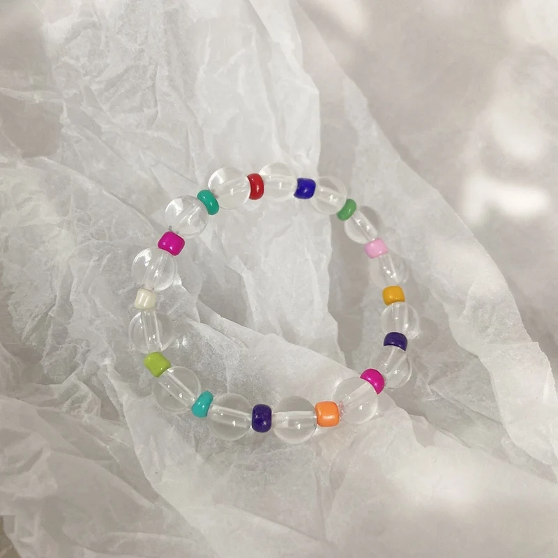 

MENGJIQIAO Korean Fashion Colorful Acrylic Round Beads Bracelet For Women Elastic Rope Charm Bracelets Bangles Jewelry Gifts