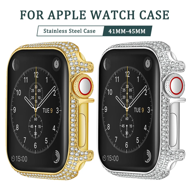 

Алмазный защитный чехол 41 мм для Apple Watch 7 45 мм iWatch 7 SE 6 5, металлический защитный чехол из нержавеющей стали для умных часов 40 мм 44 мм