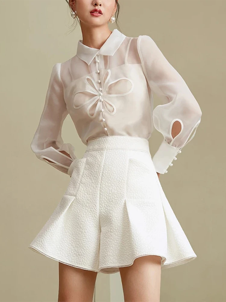 

Jacquard Shorts Set Two Piece Set Women Hollow Out White Organza Blouse Long Sleeve Autumn Shirts Suit Elegant Tracksuit