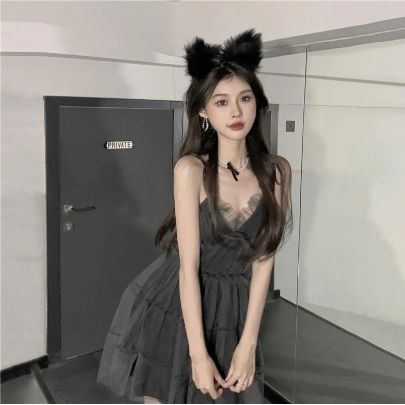 

Mesh Summer Women's Dress Stitching Dark Gray Suspenders Elegant Hepburn Sexy Cute Party Holiday Mini Skirt