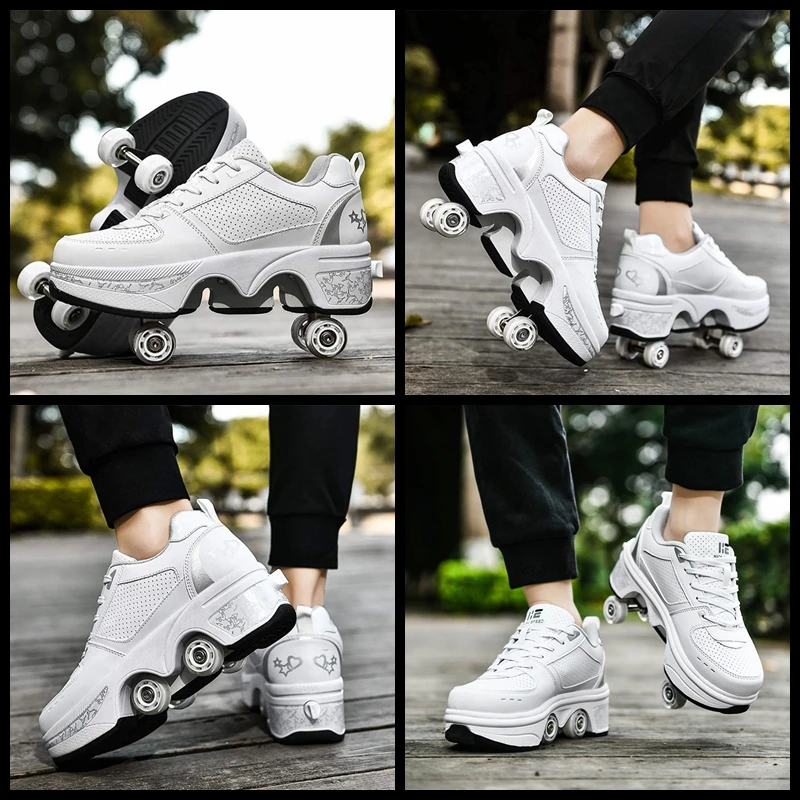 

Deformation Parkour Shoes with Four Wheels Rounds of Running Sneaker Woman Roller Skates Shoes Adults Kids Unisex Roller Skating