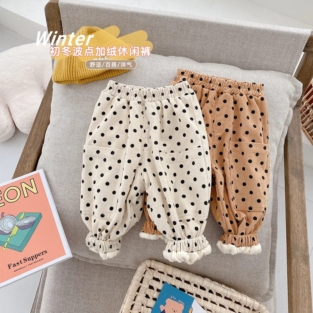 

Baby Winter Trousers Baby Boy Girl Plus Thick Velvet Pants Kids Baby Warm Tracksuit Pants Girls Warm Polka Dot Corduroy Pants