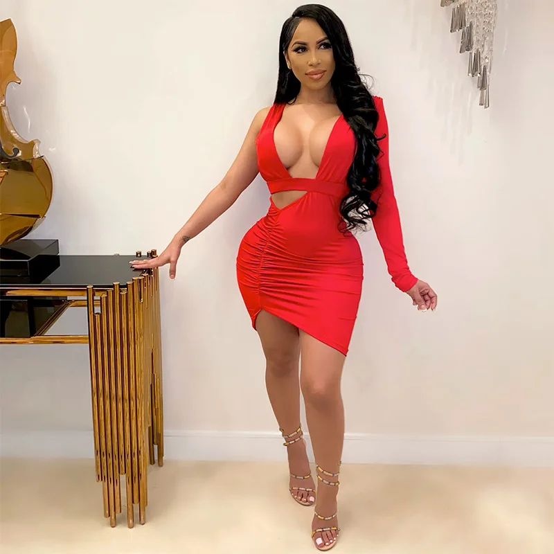 

2021 woman party dress fashion newest sexy hollow out single long sleeve wrinkle