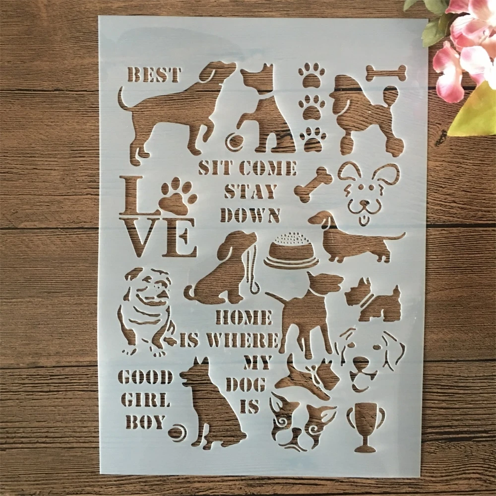 A4 29cm Cute Dogs Words Paw DIY Layering Stencils Wall Painting Scrapbook Coloring Embossing Album Decorative Template