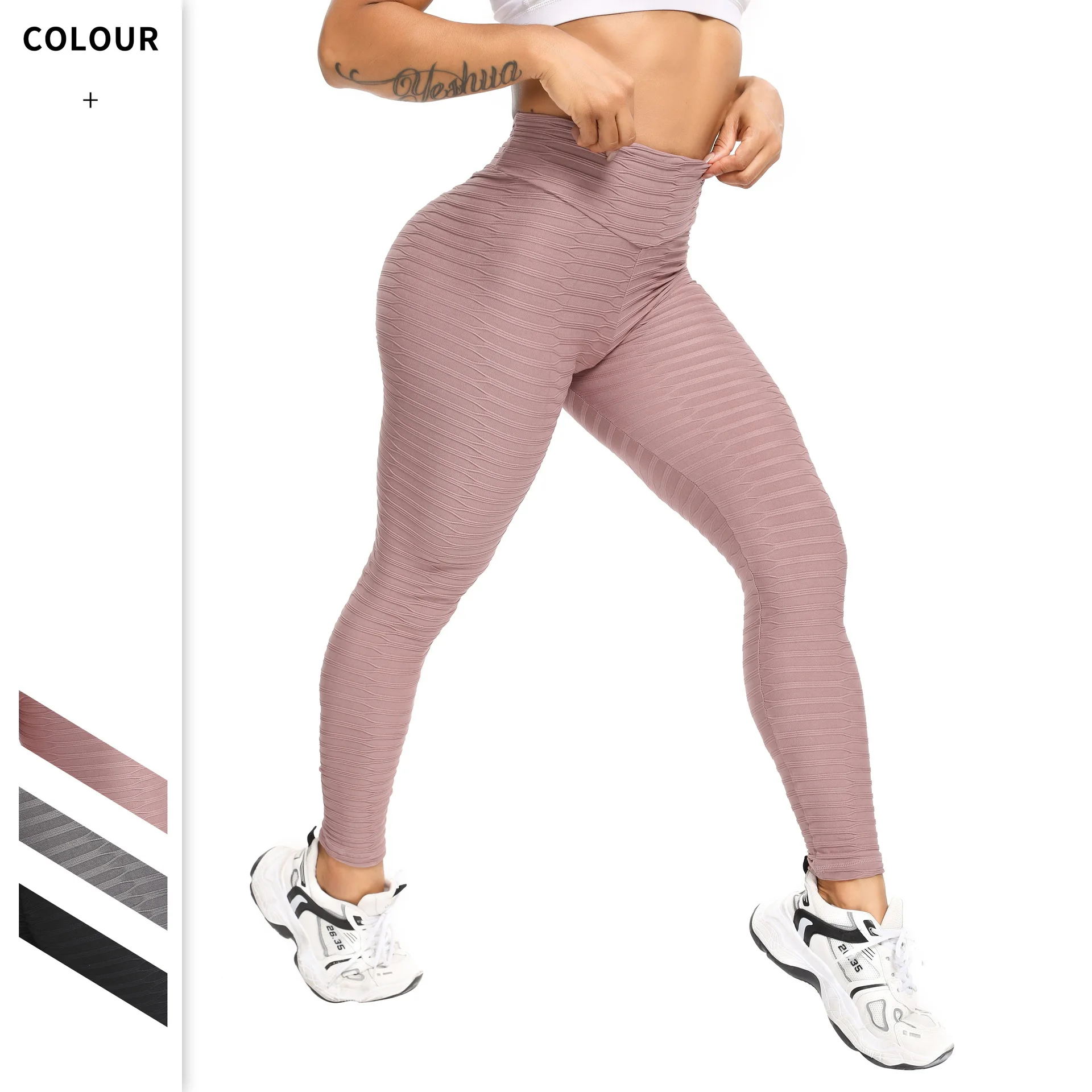 

Sports yoga pants Horizontal jacquard bubble leggings Breathable stretch Female high waist booty Lifting Fitness leggings