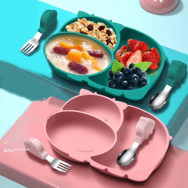 

Baby Silicone Plate Feeding Tableware Set Kids Dishes Spoon Fork Antiskid Dinnerware Suction Rotating Dishware Nursning Products