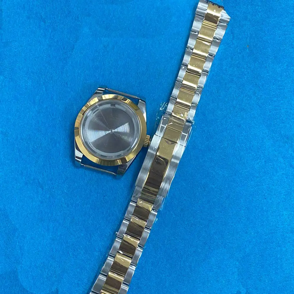 

39mm Watch Case + Strap Stainless Steel Middle Gold Case for 8215/2813/3804 Movement