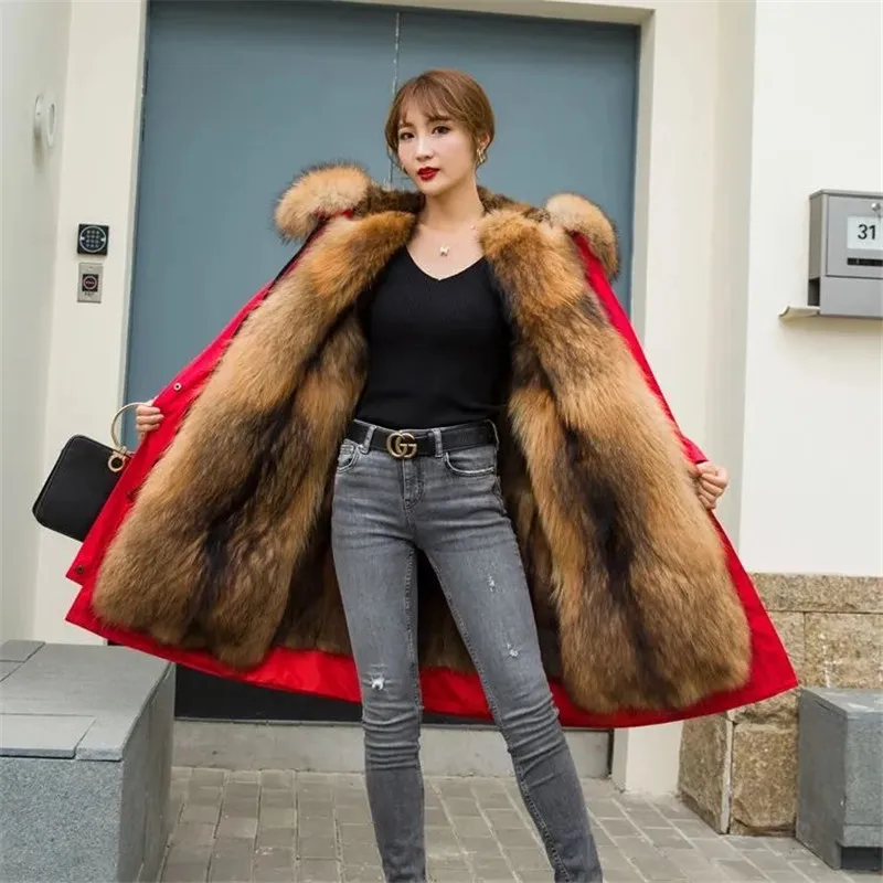 

New Pike King DetaChable Winter Pie Women's Middle School Long Green Rooted Mink Raccoon Dog Fur Liner Fur Coat