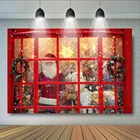 Фон для студийной фотосъемки с рождественским Санта Клаусом, окном магазина, рождественской елкой, колокольчиками