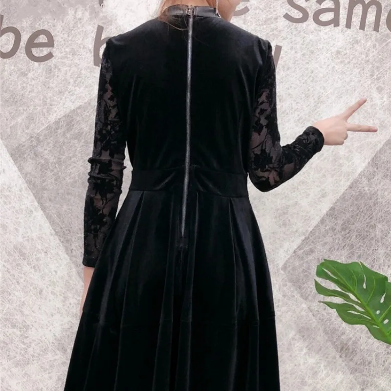 

100% Genuine Luxury Leather Dress Women Patchwork Lace Sheepskin Long Sleeve Dress Autumn Winter Sweet High Waits A-Line Dress