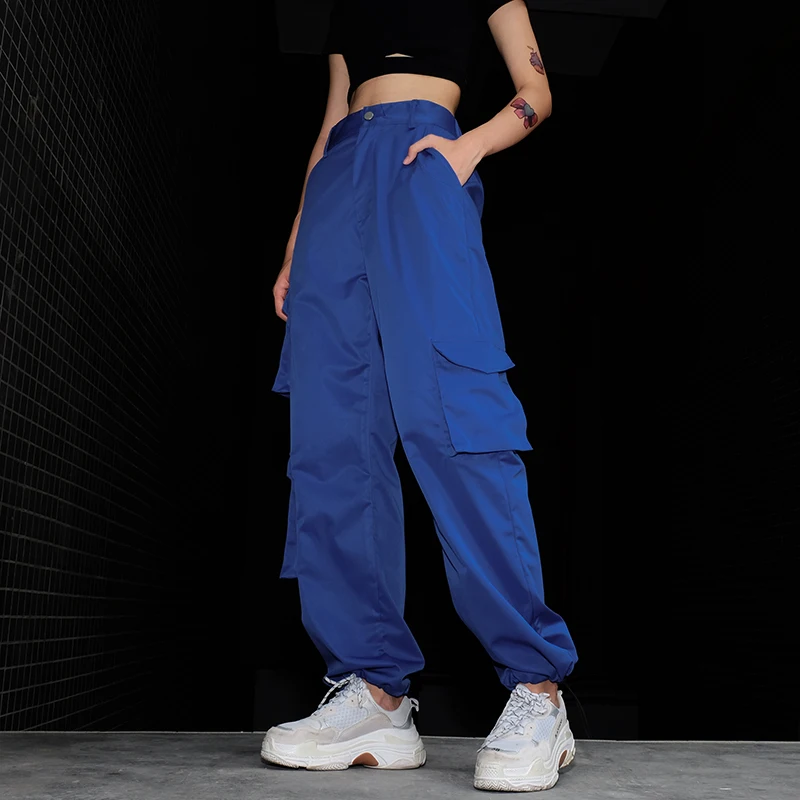 

2018 Women High Waist Blue Cargo Pants Fashion Loose Pockets Pants Womens Streetwear Patchwork Pencil Sweat Pants Bottom