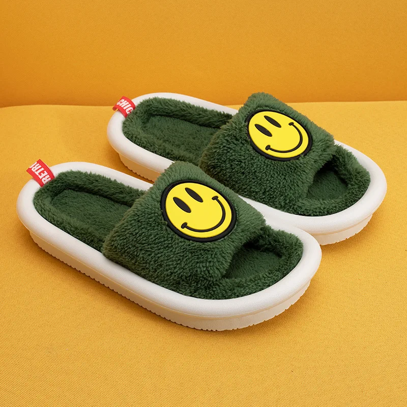 

Fashion Winter Warm Home Slippers Cartoon Smiley Fluffy Fur Slippers Indoor Soft Non Slip Couple Slippers Platform Women's Shoes