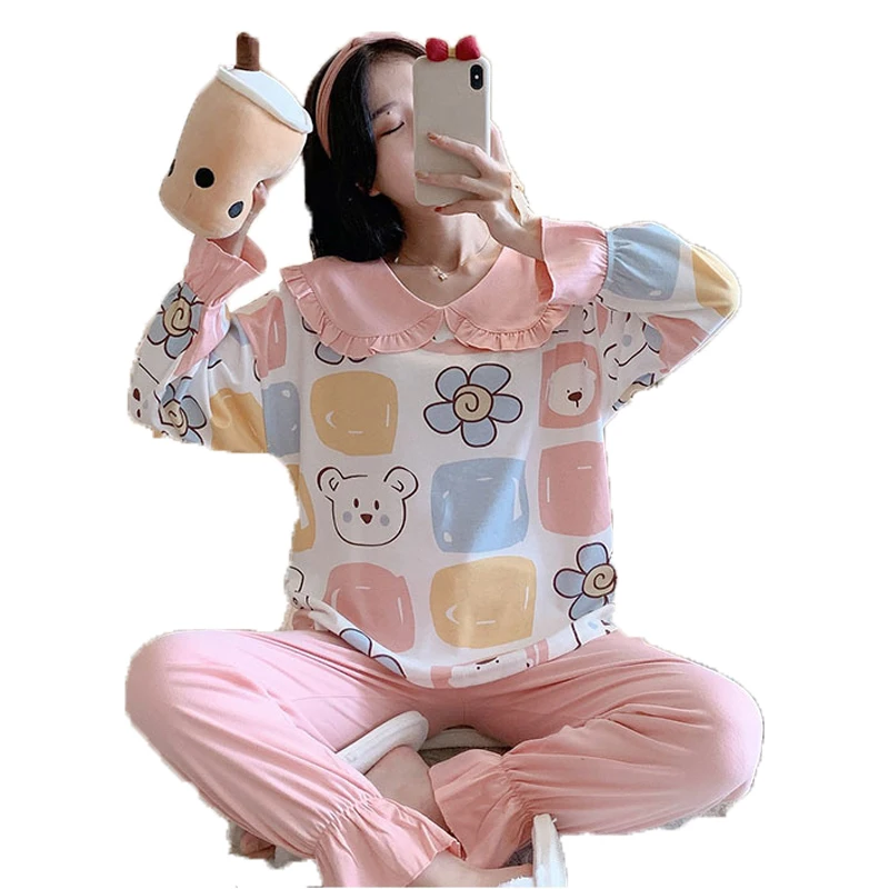 

2021 spring and autumn two-piece home service student long-sleeved trousers pajamas female comfortable cotton doll collar at hom