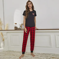 women pajama set solid color short sleeve o neck top and plaid jogger pants female nightwear ladies homewear loungewear