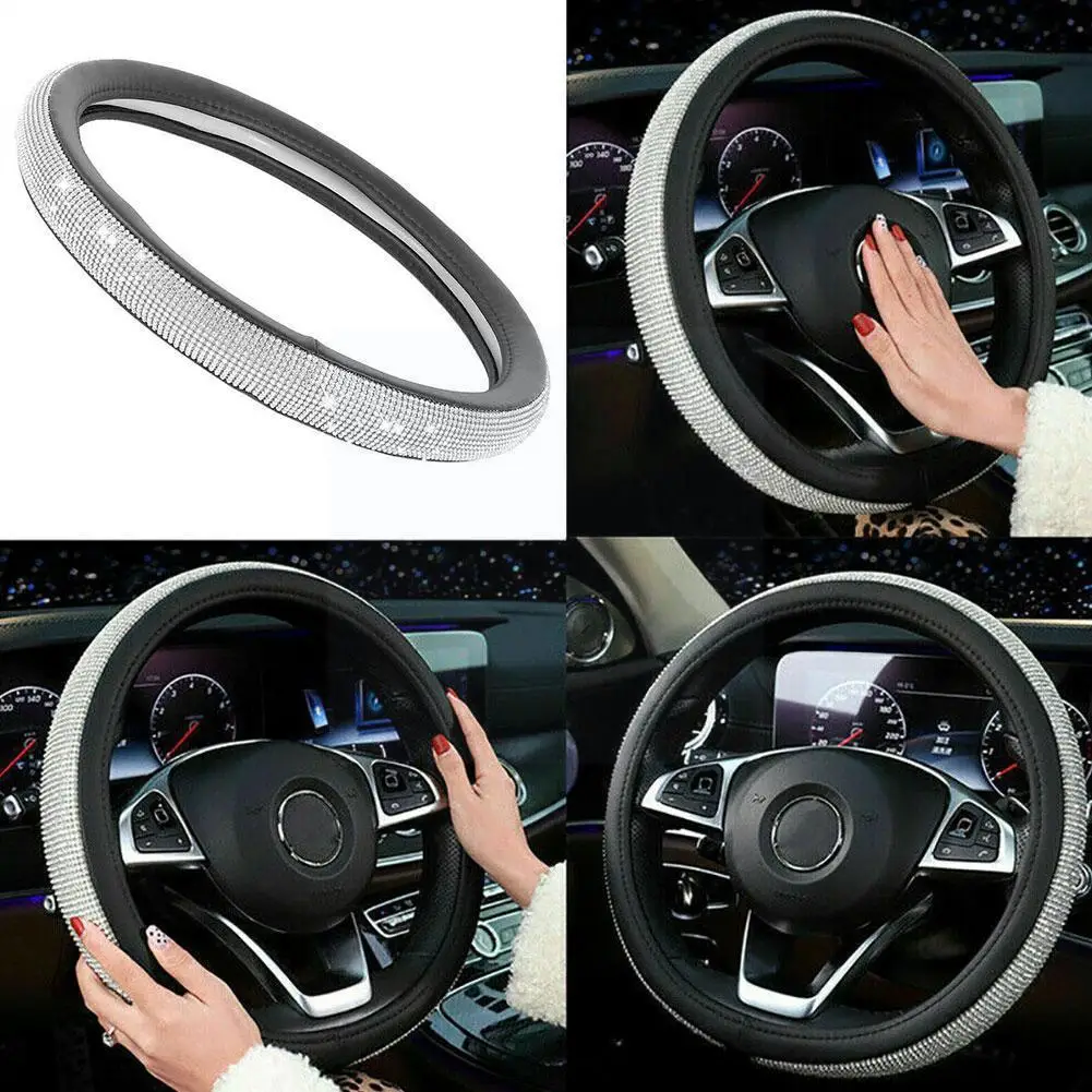 

Diamond Leather Steering Wheel Cover with Bling Crystal Fit 15 Inch Girls For Women Universal Car Protector Wheel Rhineston Y7A0