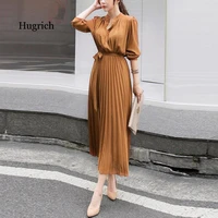 women dress loose solid v neck dress long sleeve pleated party dresses elegant sashes ladies dresses ropa mujer