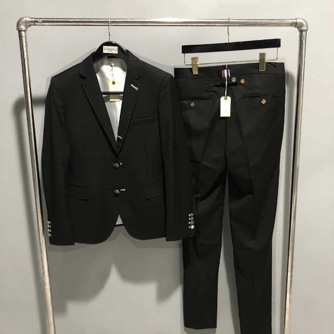 fashion 2021 TB suit men white lining gold button formal suit set men weding blazers and long pants smart casual suits male