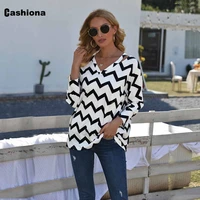 cashiona womens top streetwear long sleeve v neck t shirt fashion wave print tees shirt autumn casual pullovers femme