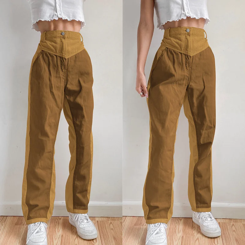 

Женские вельветовые брюки Y2K, уличная одежда в стиле пэчворк, винтажные Прямые хлопковые брюки с завышенной талией и широкими штанинами в ви...