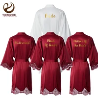yuxinbridal burgundy new matt satin lace robe with trim gown bridal wedding bride robes bridesmaid kimono robe bridal robes