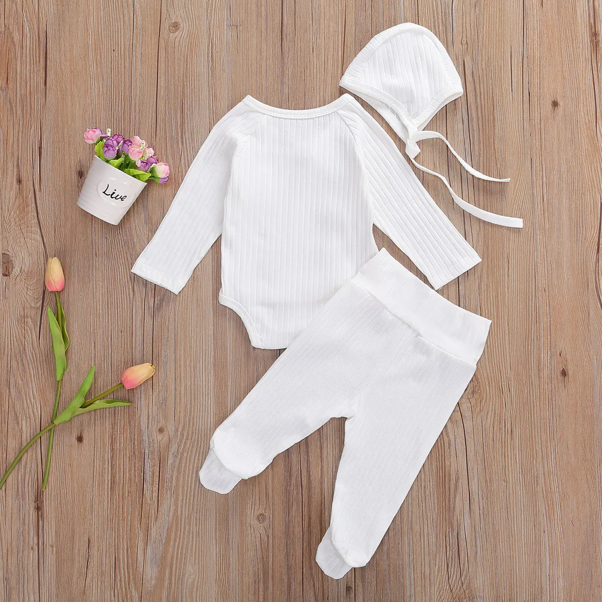 Детский комплект одежды из 3 предметов в рубчик однотонный комбинезон с длинными